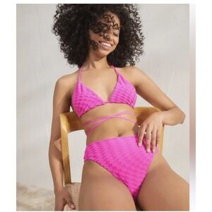 $49 NWT Good American Bikini Bottoms Size 1 Hawaiian Pink Textured High Waist